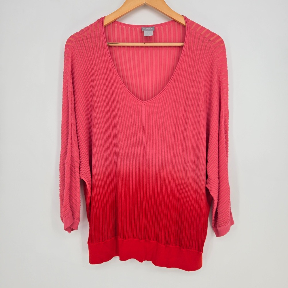Chico's Pink/Red Ombre V-Neck Ribbed Knit Shirt Top Womens L Light Spring Summer